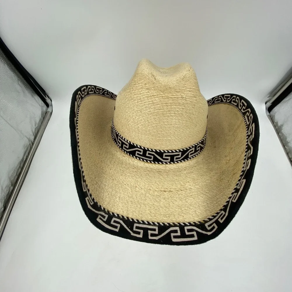 Large Straw Cowboy Hat Beige Black Greek Key Trim Western Rodeo Festival Charro